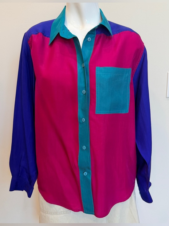 Petite Sophisticate Tops - Vintage Silk Petite Sophisticate Color Block Blouse Medium Pink Teal Purple Y2K